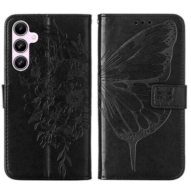 Peňaženkové kožené puzdro Embossed Butterfly Leather na Galaxy A55 5G - Čierna