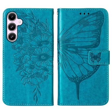 Peňaženkové kožené puzdro Embossed Butterfly Leather na Galaxy A55 5G - Modrá