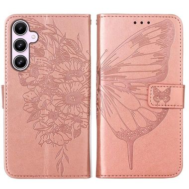 Peňaženkové kožené puzdro Embossed Butterfly Leather na Galaxy A55 5G - Ružovo zlatá