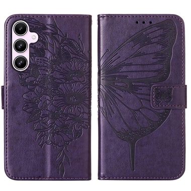 Peňaženkové kožené puzdro Embossed Butterfly Leather na Galaxy A55 5G - Tmavo fialová