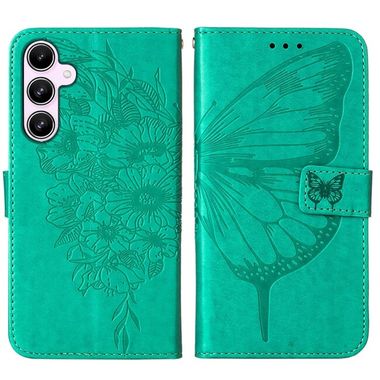 Peňaženkové kožené puzdro Embossed Butterfly Leather na Galaxy A55 5G - Zelená