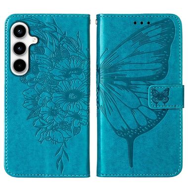 Peňaženkové kožené puzdro Embossed Butterfly na Galaxy A35 5G - Modrá