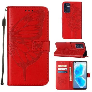 Peňaženkové kožené puzdro Embossed Butterfly na Oppo Reno 7 5G - Červená