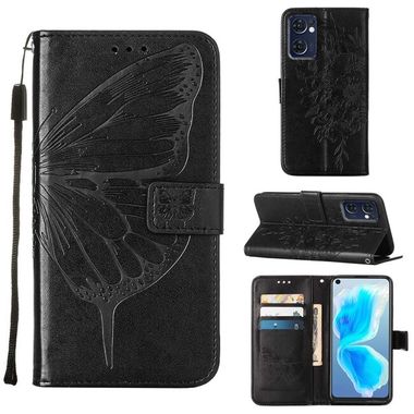 Peňaženkové kožené puzdro Embossed Butterfly na Oppo Reno 7 5G - Čierna