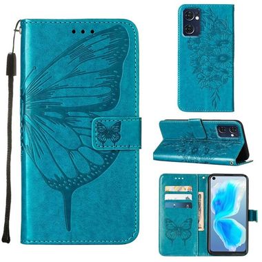 Peňaženkové kožené puzdro Embossed Butterfly na Oppo Reno 7 5G - Modrá