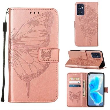 Peňaženkové kožené puzdro Embossed Butterfly na Oppo Reno 7 5G - Ružová zlatá