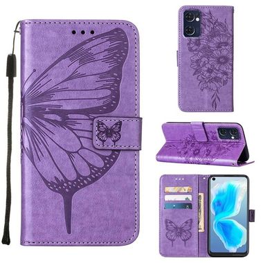 Peňaženkové kožené puzdro Embossed Butterfly na Oppo Reno 7 5G - Svetlá fialová