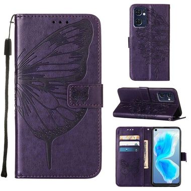 Peňaženkové kožené puzdro Embossed Butterfly na Oppo Reno 7 5G - Tmavá fialová