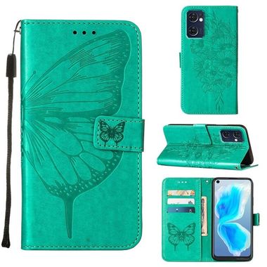 Peňaženkové kožené puzdro Embossed Butterfly na Oppo Reno 7 5G - Zelená