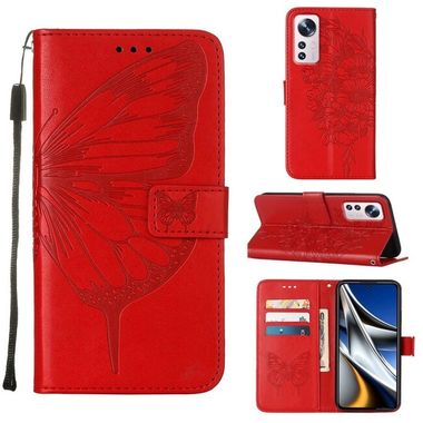 Peňaženkové kožené puzdro Embossed Butterfly na Xiaomi 12 Pro - Červená