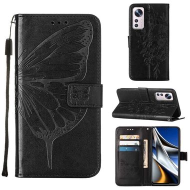 Peňaženkové kožené puzdro Embossed Butterfly na Xiaomi 12 Pro - Čierna