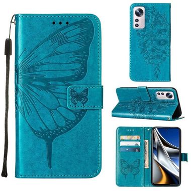 Peňaženkové kožené puzdro Embossed Butterfly na Xiaomi 12 Pro - Modrá