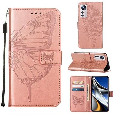 Peňaženkové kožené puzdro Embossed Butterfly na Xiaomi 12 Pro - Ružové zlato