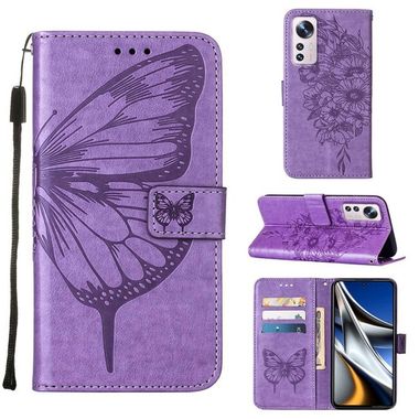 Peňaženkové kožené puzdro Embossed Butterfly na Xiaomi 12 Pro - Svetlo fialová