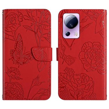 Peňaženkové kožené puzdro Embossed Butterfly na Xiaomi 13 Lite - Červená