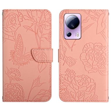Peňaženkové kožené puzdro Embossed Butterfly na Xiaomi 13 Lite - Ružová