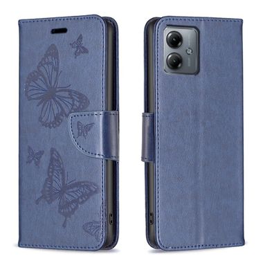 Peňaženkové kožené puzdro Embossing Two Butterflies na Motorola G14 - Modrá