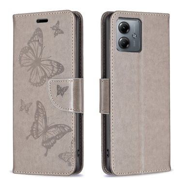 Peňaženkové kožené puzdro Embossing Two Butterflies na Motorola G14 - Sivá