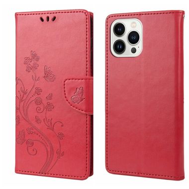 Peňaženkové kožené puzdro FLOWER na iPhone 14 Pro - Červená