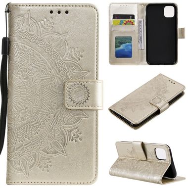 Peňaženkové kožené puzdro FLOWER na iPhone 14 Pro Max - Zlatá