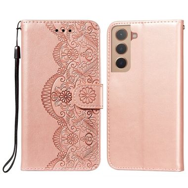 Peňaženkové kožené puzdro FLOWER na Samsung Galaxy S22 Plus 5G - Ružovozlatá