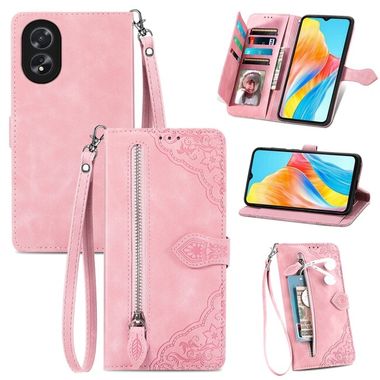 Peňaženkové kožené puzdro Flower Zipper na Oppo A38 - Ružová