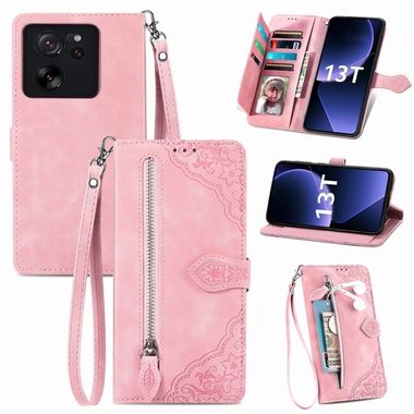 Peňaženkové kožené puzdro Flower Zipper na Xiaomi 13T / 13T Pro - Ružová