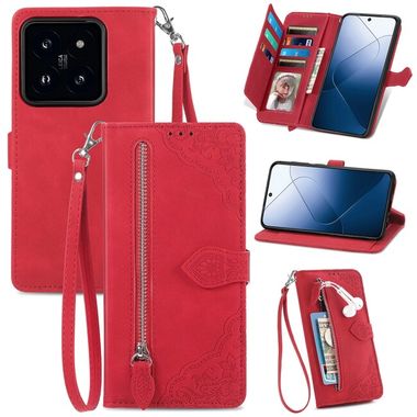 Peňaženkové kožené puzdro Flower Zipper na Xiaomi 14 - Červená
