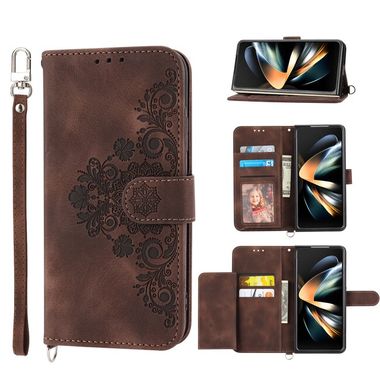 Peňaženkové kožené puzdro Flowers na Samsung Galaxy Z Fold4 - Hnedá