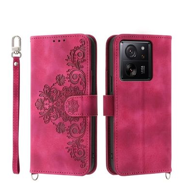 Peňaženkové kožené puzdro Flowers na Xiaomi 13T / 13T Pro – Vínovo červená