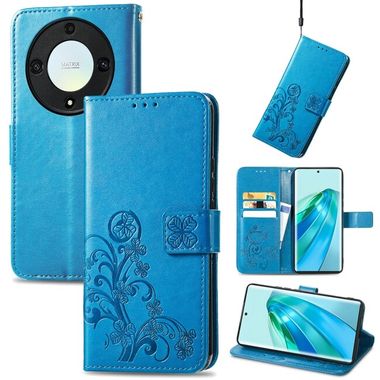 Peňaženkové kožené puzdro Four-leaf na Honor Magic5 Lite - Modrá