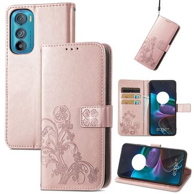 Peňaženkové kožené puzdro Four-leaf na Motorola Edge 30 - Ružové zlato