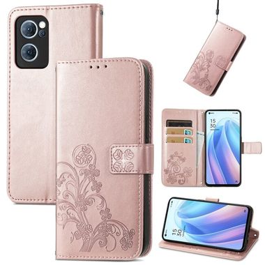 Peňaženkové kožené puzdro Four-leaf na Oppo Reno 7 5G - Ružová zlatá