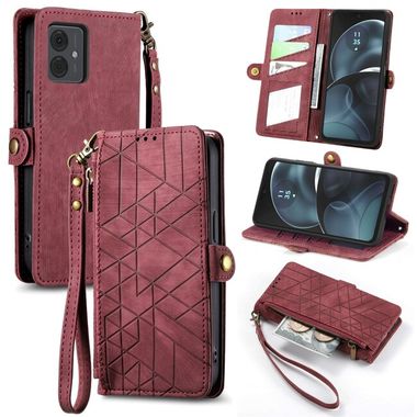 Peňaženkové kožené puzdro Geometric Zipper Wallet na Motorola G14 - Červená