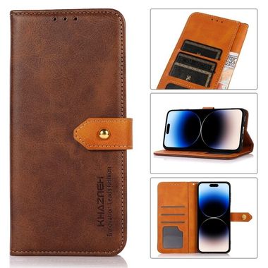Peňaženkové kožené puzdro KHAZNEH COWHIDE na iPhone 14 Pro - Hnedá