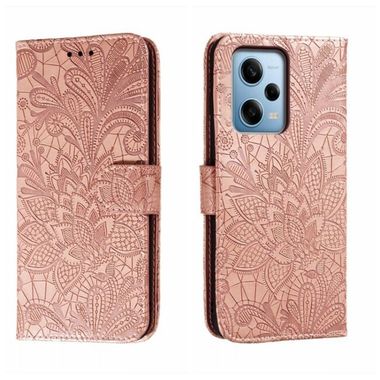 Peňaženkové kožené puzdro Lace Flower na Xiaomi Redmi Note 12 Pro 5G – Rose Gold
