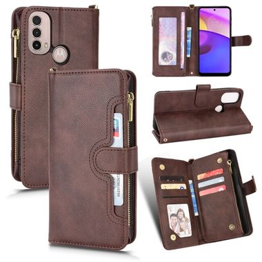 Peňaženkové kožené puzdro Litchi Texture Zipper na Motorola Moto E20 / E30 / E40 - Hnedá