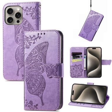 Peňaženkové kožené puzdro Love Flower na iPhone 16 Pro - Lavender