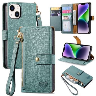 Peňaženkové kožené puzdro Love na iPhone 15 - Zelená