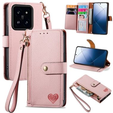 Peňaženkové kožené puzdro Love Zipper na Xiaomi 14 Pro - Ružová