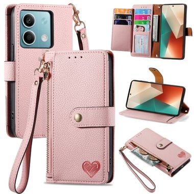 Peňaženkové kožené puzdro Love Zipper na Xiaomi Redmi Note 13 - Ružová
