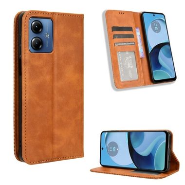 Peňaženkové kožené puzdro Magnetic Buckle na Motorola G14 - Hnedá