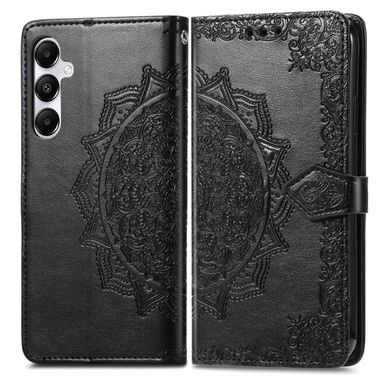 Peňaženkové kožené puzdro Mandala Flower Embossed na Galaxy A55 5G - Čierna