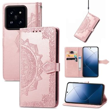 Peňaženkové kožené puzdro Mandala Flower na Xiaomi 14 Pro - Ružovo zlatá