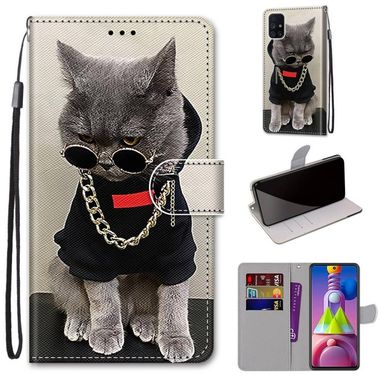 Peňaženkové kožené puzdro na Samsung Galaxy M51 - Golden Chain Grey Cat
