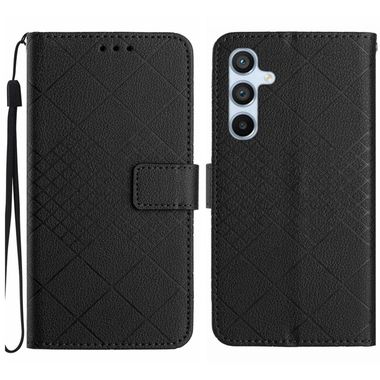 Peňaženkové kožené puzdro Rhombic Grid na Samsung Galaxy S24 5G - Čierna