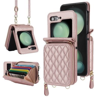 Peňaženkové kožené puzdro Rhombic na Samsung Galaxy Z Flip 5 - Ružovozlatá