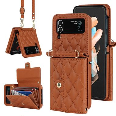 Peňaženkové kožené puzdro Rhombic Texture na Samsung Galaxy Z Flip4 - Hnedá