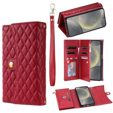 Peňaženkové kožené puzdro Rhombic Zipper na Samsung Galaxy S24 5G - Červená