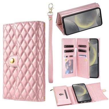 Peňaženkové kožené puzdro Rhombic Zipper na Samsung Galaxy S24 Plus 5G - Ružové zlato